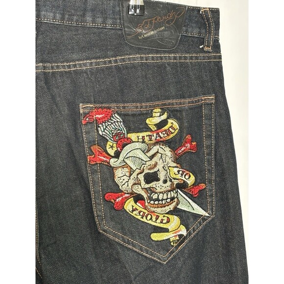 Ed Hardy Jeans Men 38 Death Or Glory Skull Embroidery Y2K Vintage Baggy Straight - Picture 7 of 15